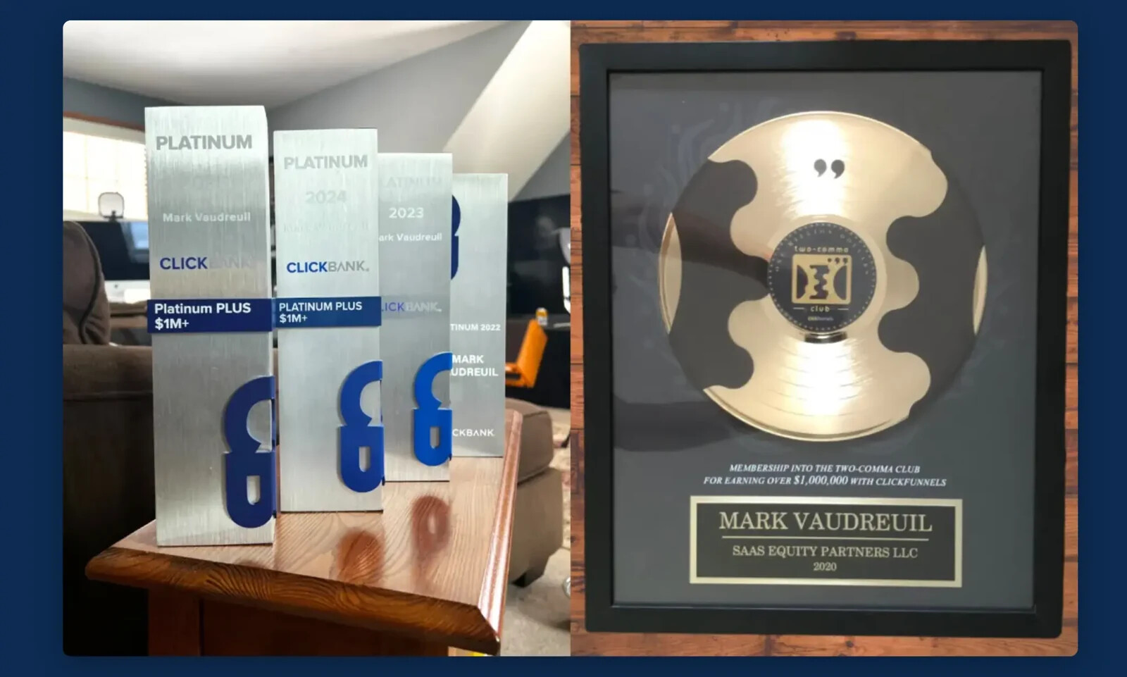 Mark Vaudreuil's ClickBank Platinum Plus awards and Two Comma Club recognition.